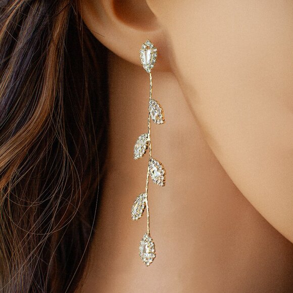 Long Crystal Drop Gold Vine Earrings, Wedding, Bride - Picture 1 of 4